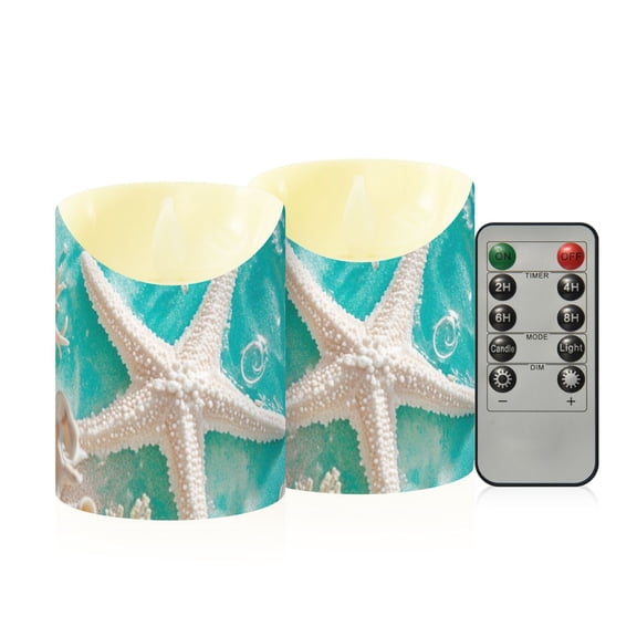 Corals Shells Starfish Seaside Flickering Flameless Candles with Remote Timer Battery Operated LED Tealight Set of 2 S