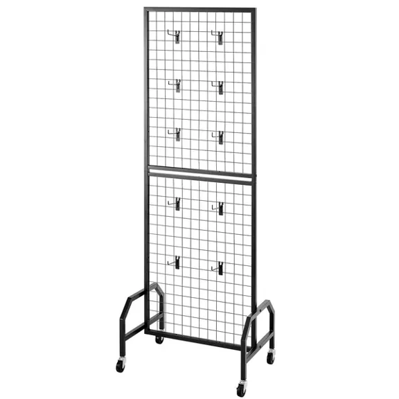 1.9x5.4ft Black Carbon Steel Grid Wall Panel with Wheels 10 Hooks Movable Display Rack for Craft Show Decoration Storage Notice Board
