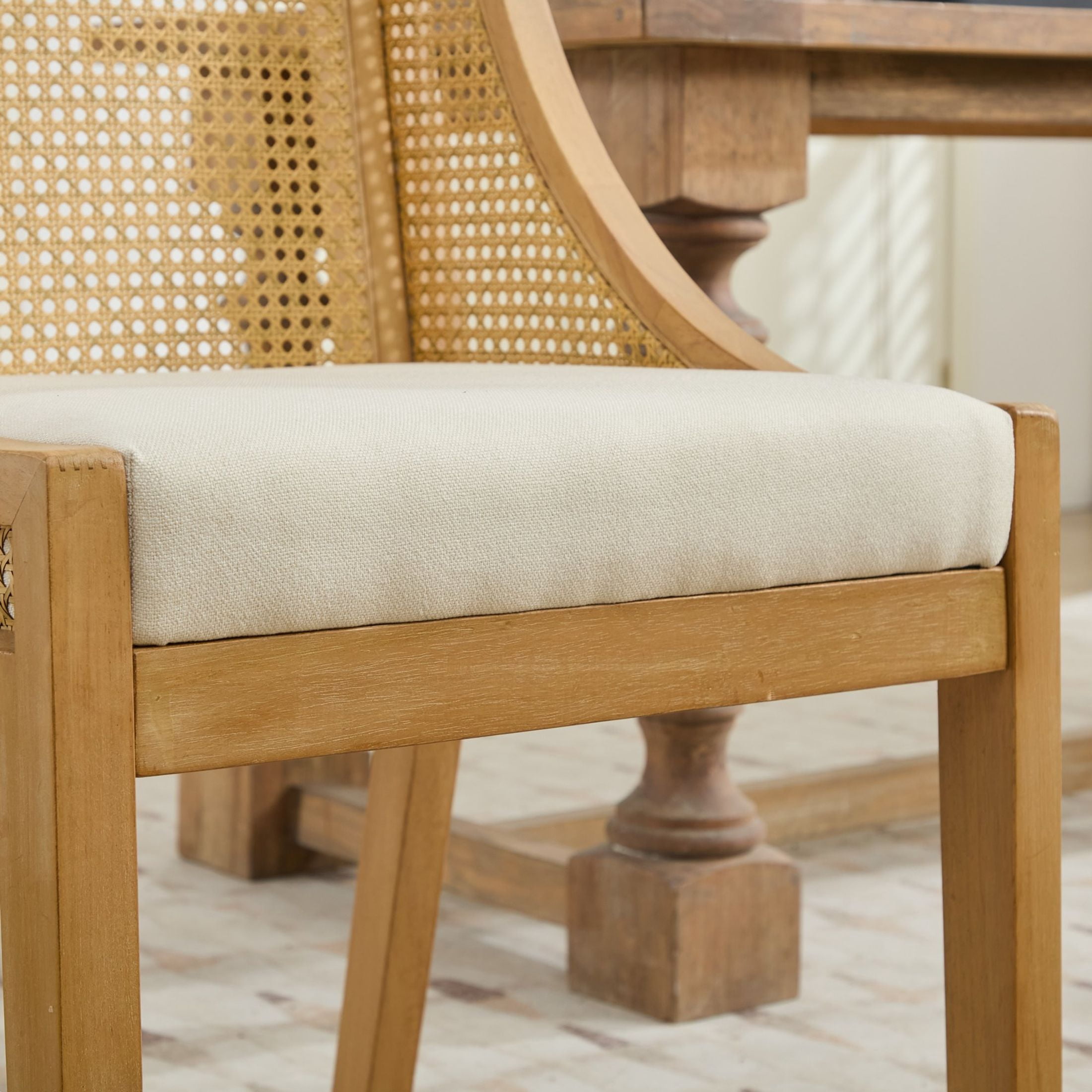 Noble House Dining Chair with Rattan Back, Linen Seat, Solid Wood Frame, Beige