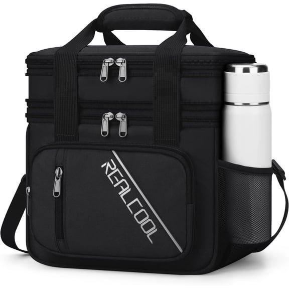RealCool Lunch Bag, Insulated Lunch Box for Men Women, Double Deck Leakproof Soft Cooler Bag with Adjustable Strap, Lunchbox for Work, Camping Black