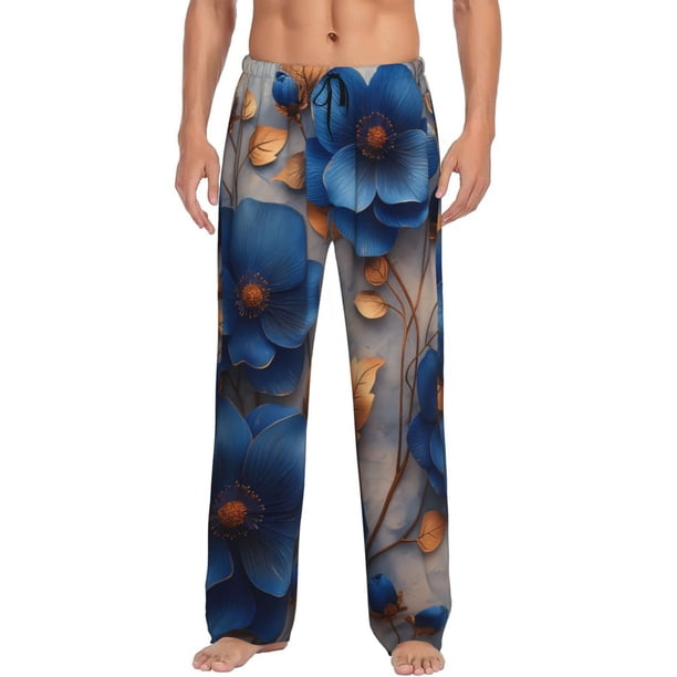 Fotbe Elegant Blue Gold Blooms Pantalones de Pijama para Hombre, Pantalones de Dormir, Pantalones de Casa con Cintura Ajustable y Bolsillos-3X-Large