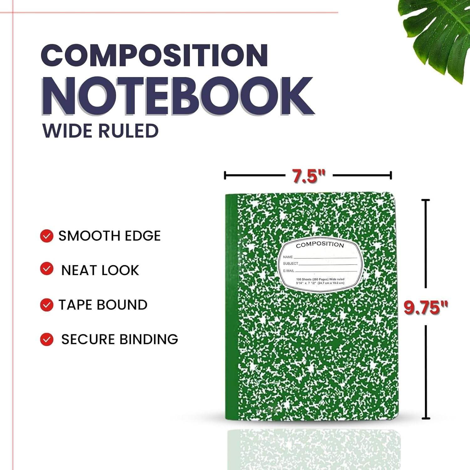 AUKSales Composition Notebook 9-3/4" x 7-1/2", Wide Ruled | Case Pack of 48 | Marble Cover -100 Sheets | Ideal for bulk buyers, retailers and wholesalers | Green