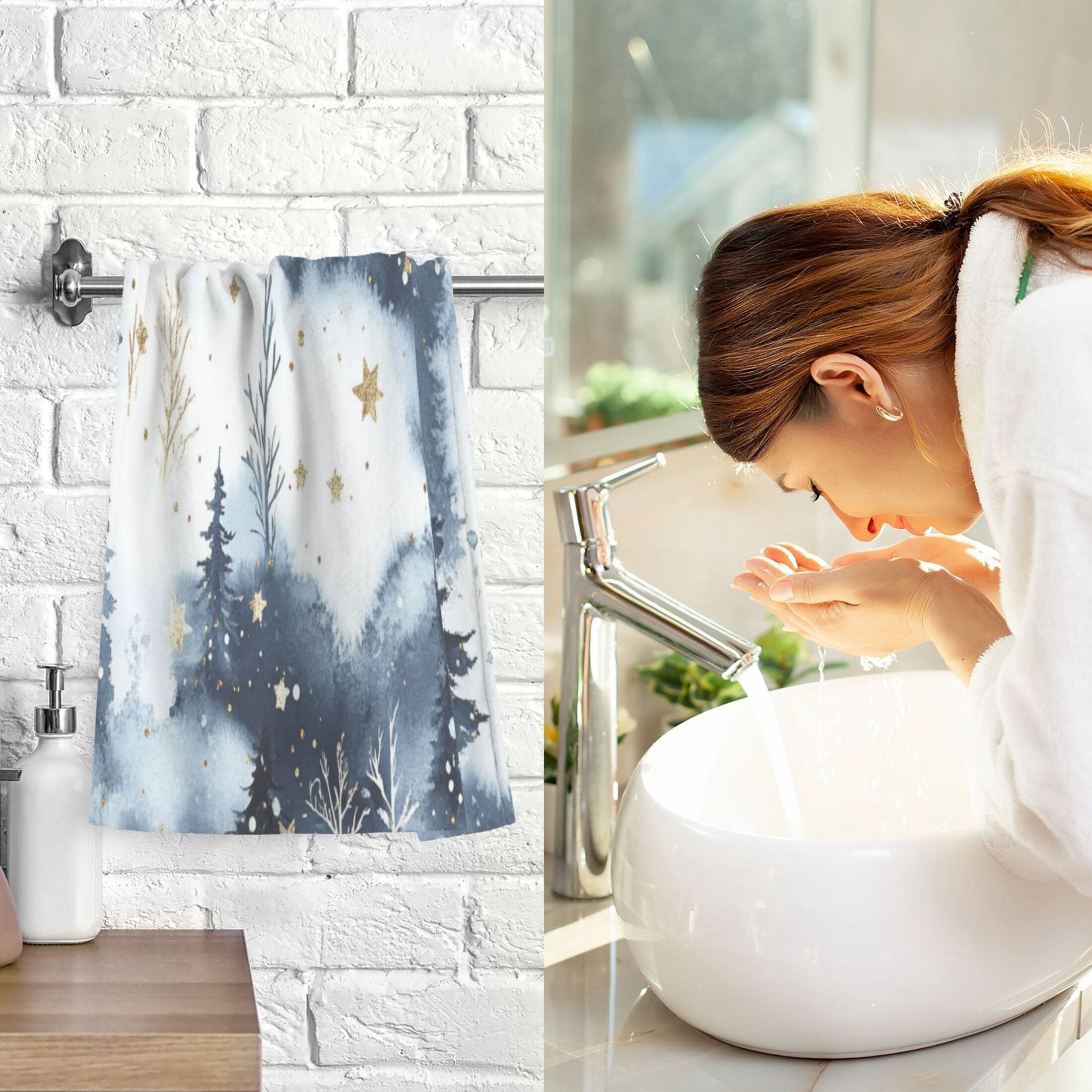 2 Pcs Absorbent Face Towel Bath Hand Towels Soft Breathable Cotton Towel Set for Bathroom Kitchen Hotel Spa Decor Watercolor Winter Wonderland Pattern