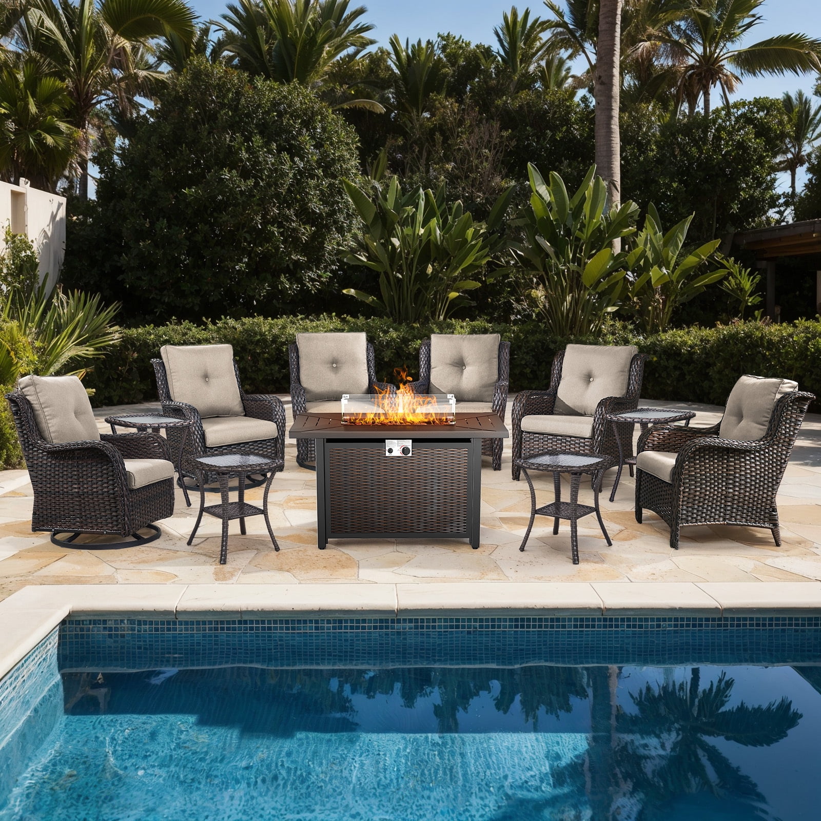 Bellefurn 11 Pieces Patio Furniture Sets with Fire Pit and Swivel Rocker Chairs,Outdoor Furniture with Fire Pit and Side Table Outdoor Conversation Set for Porch Deck Backyard Poolside