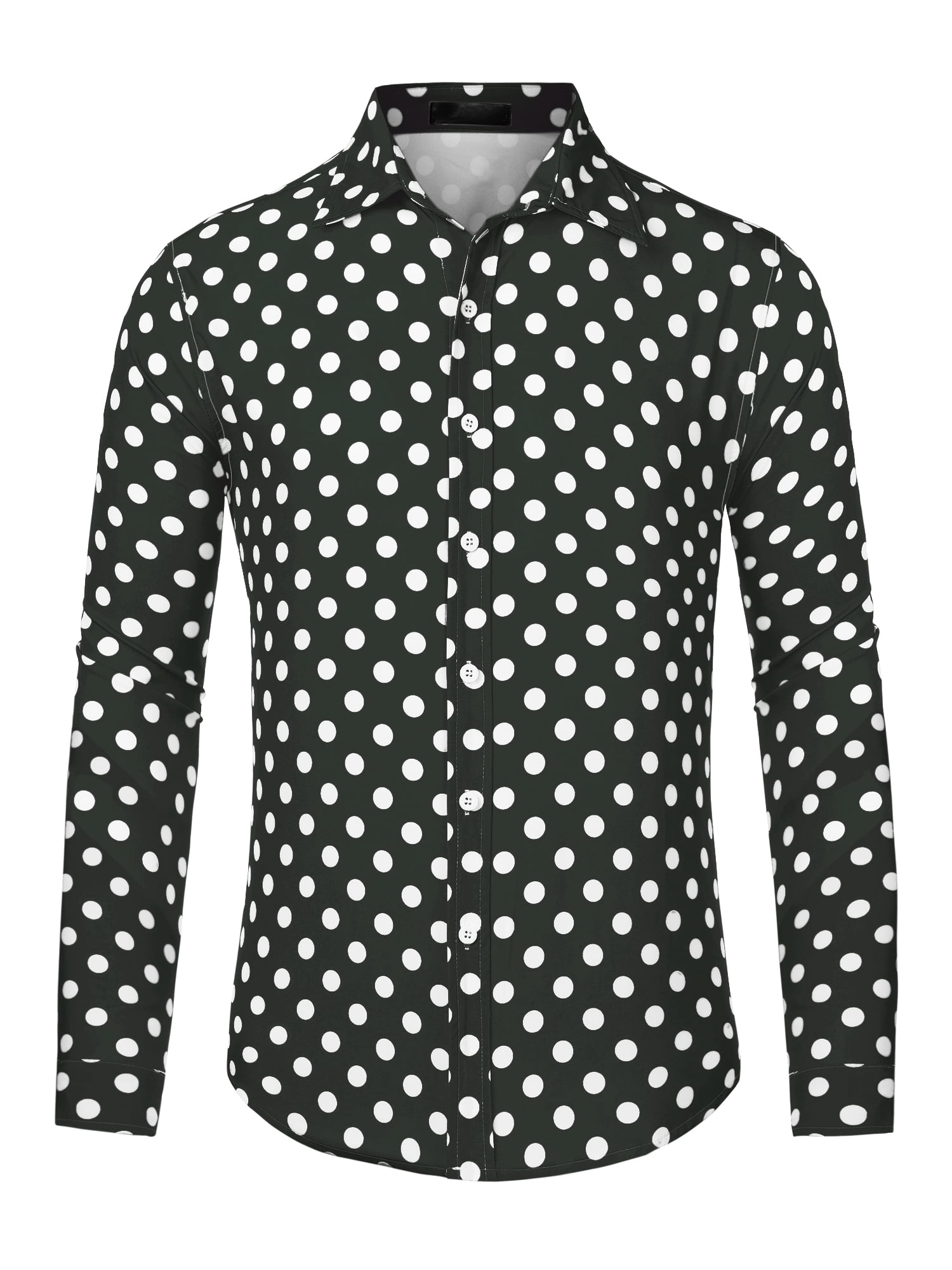 Unique Bargains Men's Polka Dots Print Dress Shirt Long Sleeves Casual Shirts 2XL Black