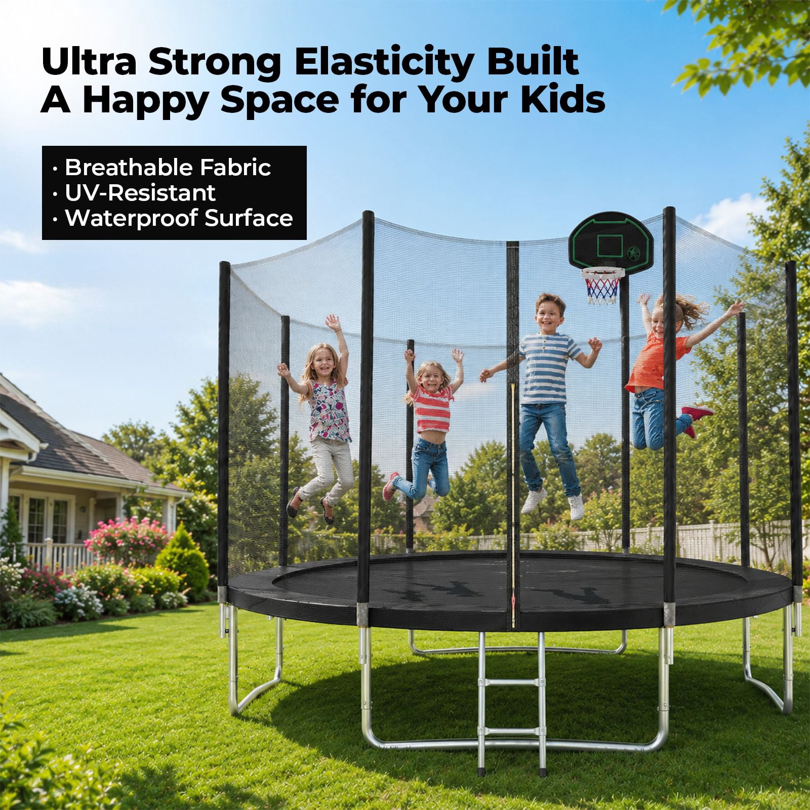 Alvantor 14Ft Trampoline for Kids, Round Trampoline with Enclosure Net and Basketball Hoop Black