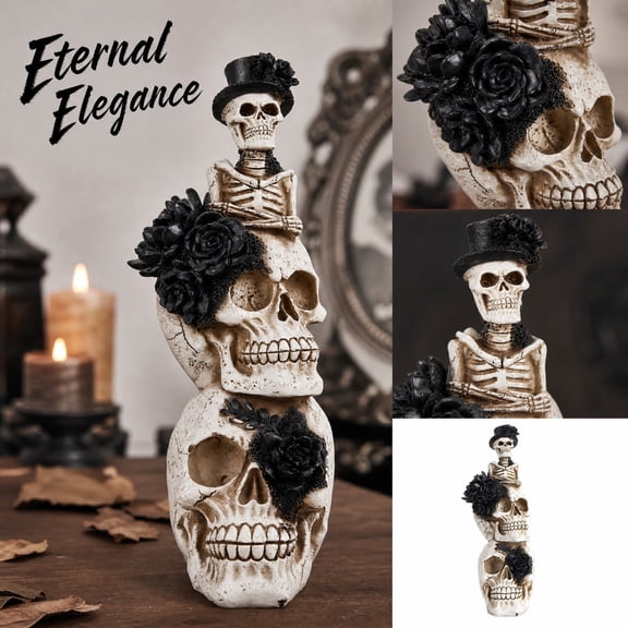 Gothic Home Decor, Skeleton Halloween Decor, Dia de Los Muertos Decor, Black Halloween Decor, 12X6X11 in Floral Patterned Stacked Skull Ornament for Spooky Season and Altar Setup