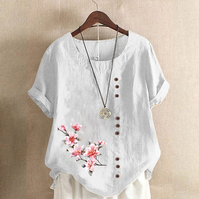 Blouses pour Femmes, Haut Décontracté en Lin Imprimé à Manches Courtes avec Boutons