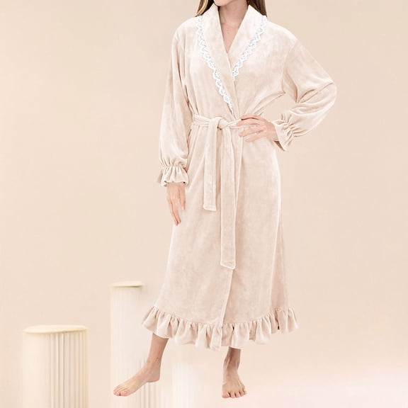 Women's Lace Trim Plush Fleece Maxi Robe, Elegant Collar Long Sleeve Bathrobe, Soft Warm Nightgown, Cozy Winter Loungewear, Delicate Trim Sleepwear Beige L