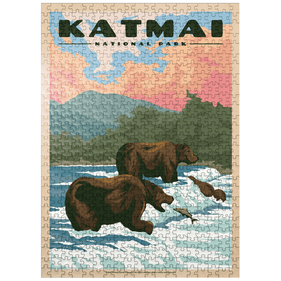 MyPuzzle - Katmai National Park - Fishing Bears At Brooks Falls, Vintage Travel Poster - Premium 500 Piece Jigsaw Puzzle for Adults