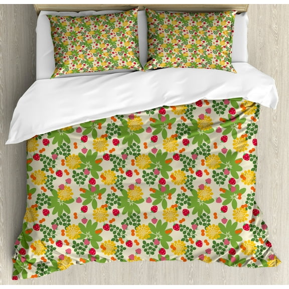 Strawberry King Size Duvet Cover Set, Summer Gardening Composition with Colorful Strawberries Cherries and Leaves, Decorative 3 Piece Bedding Set with 2 Pillow Shams, Multicolor, by Ambesonne
