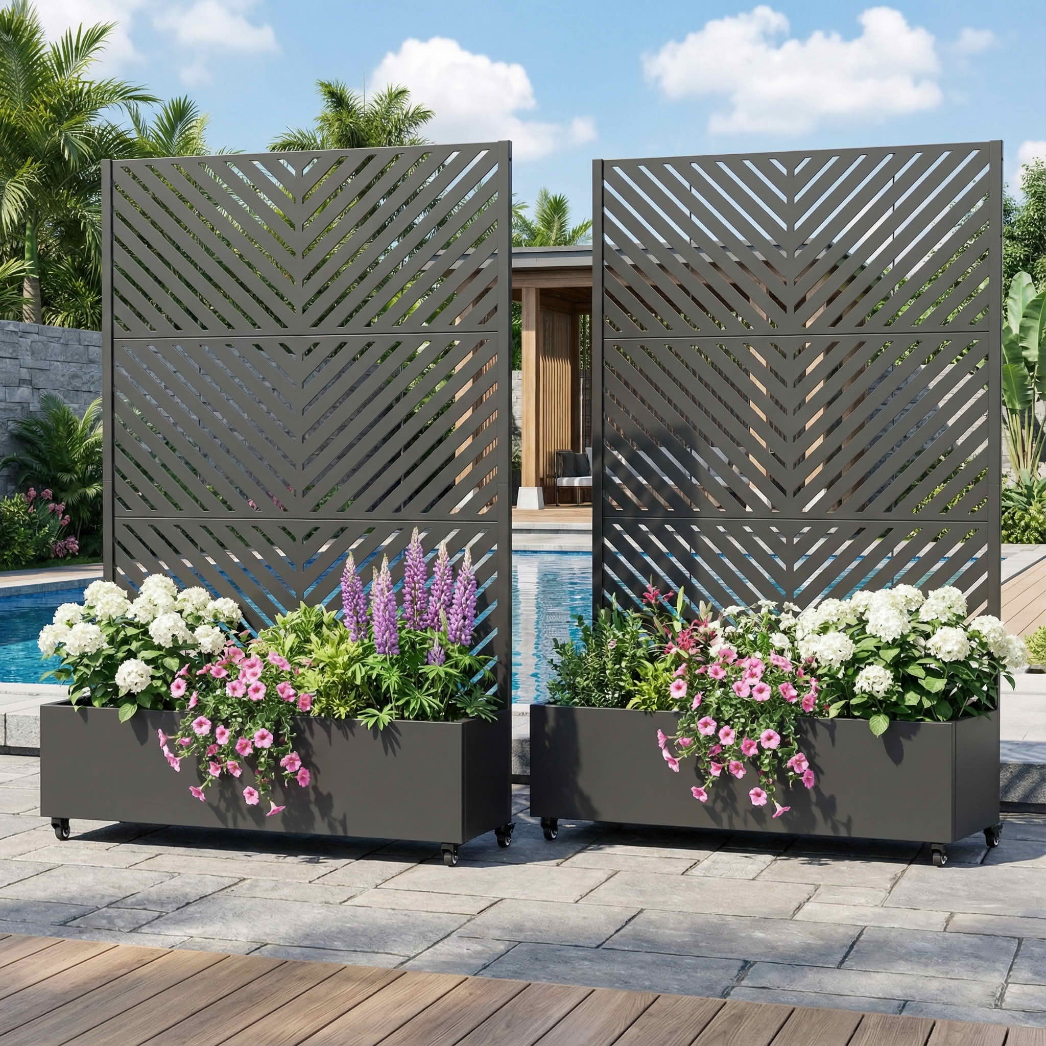 MAYEERTY 72X47" Metal Outdoor Black Privacy Screen with Planter Box for Backyard & Garden, 3 Piece Set, Double‑sided Installation
