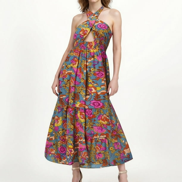 WILLBEST Vestidos Largos Frontera Europa Y Estados Unidos Primavera Y Verano Nuevo Vestido De Fiesta Estampado Con Abertura Y Encaje Belleza Para Mujer