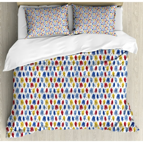 Doodle Duvet Cover Set Queen Size, Sketchy Trees in Childish Scrapbook Drawing Style Foliage Repetition, Decorative 3 Piece Bedding Set with 2 Pillow Shams, Ruby Dark Yellow and Blue, by Ambesonne