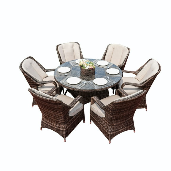 Abrihome Outdoor Round Dining Set Round Table with Chairs with Removable Cushions