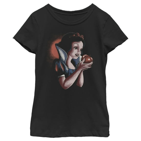 Girl's Snow White and the Seven Dwarfs Eating Apple Portrait Graphic Tee Black Medium