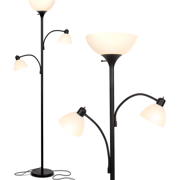 Sky Dome Double LED Floor lamp, Torchiere Super Bright Floor Lamp with 2 Reading Lamps for Living Rooms & Offices - Dimmable Tall Standing Lamp for Bedroom Reading - Tall Black Pole