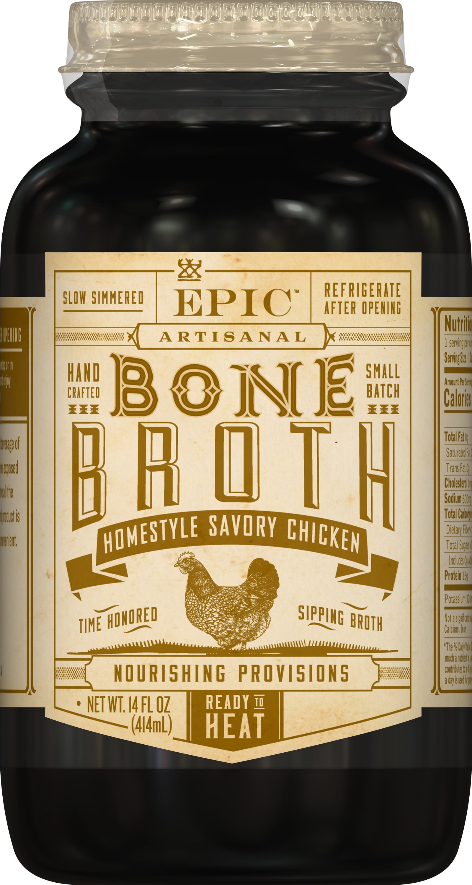 EPIC Homestyle Savory Chicken Bone Broth, Whole30, 14fl oz Jar
