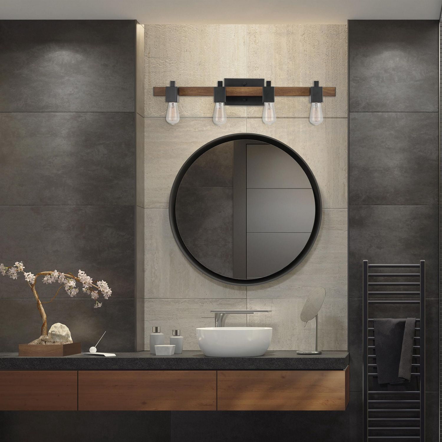 Applique murale en métal à 4 ampoules Phoenix par Globe Electric, noir mat, faux bois foncé, 51717