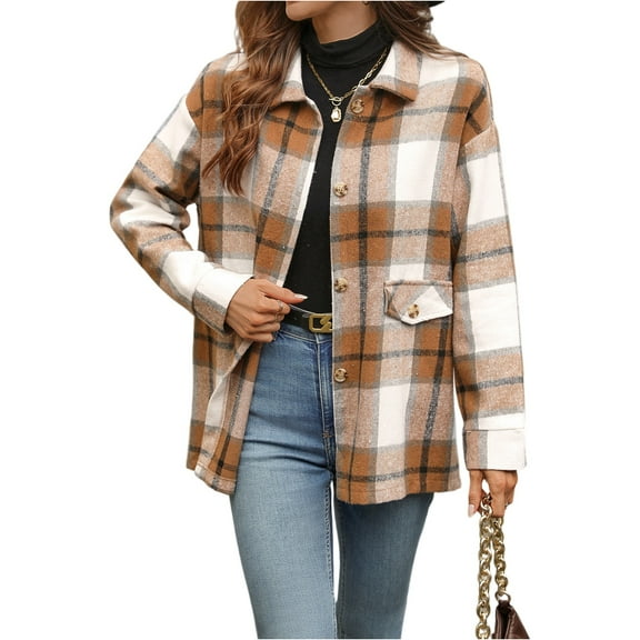 Women's Casual Flannel Plaid Shacket Button Down Long Sleeve Shirt Jacket CoatsLight Brown 3XL