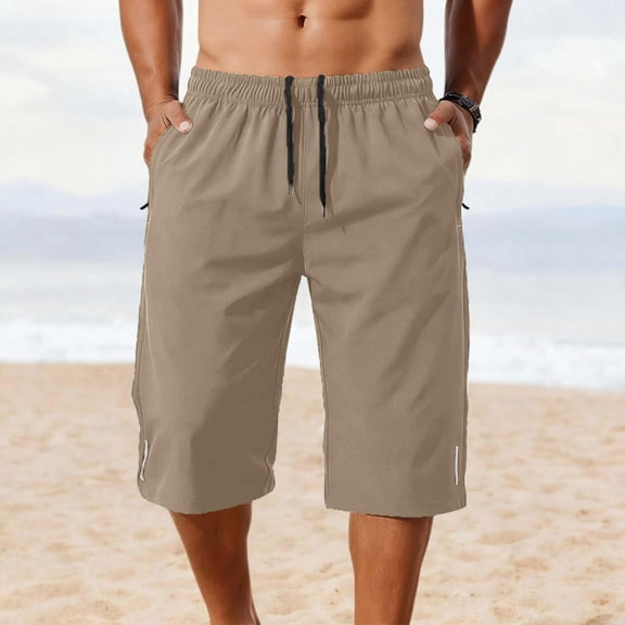 Jessboyy Mens Long Shorts Below the Knee Elastic Waist Workout Shorts with Zipper Pockets Summer Casual Straight Leg Hiking Capri Shorts Brown,XXL