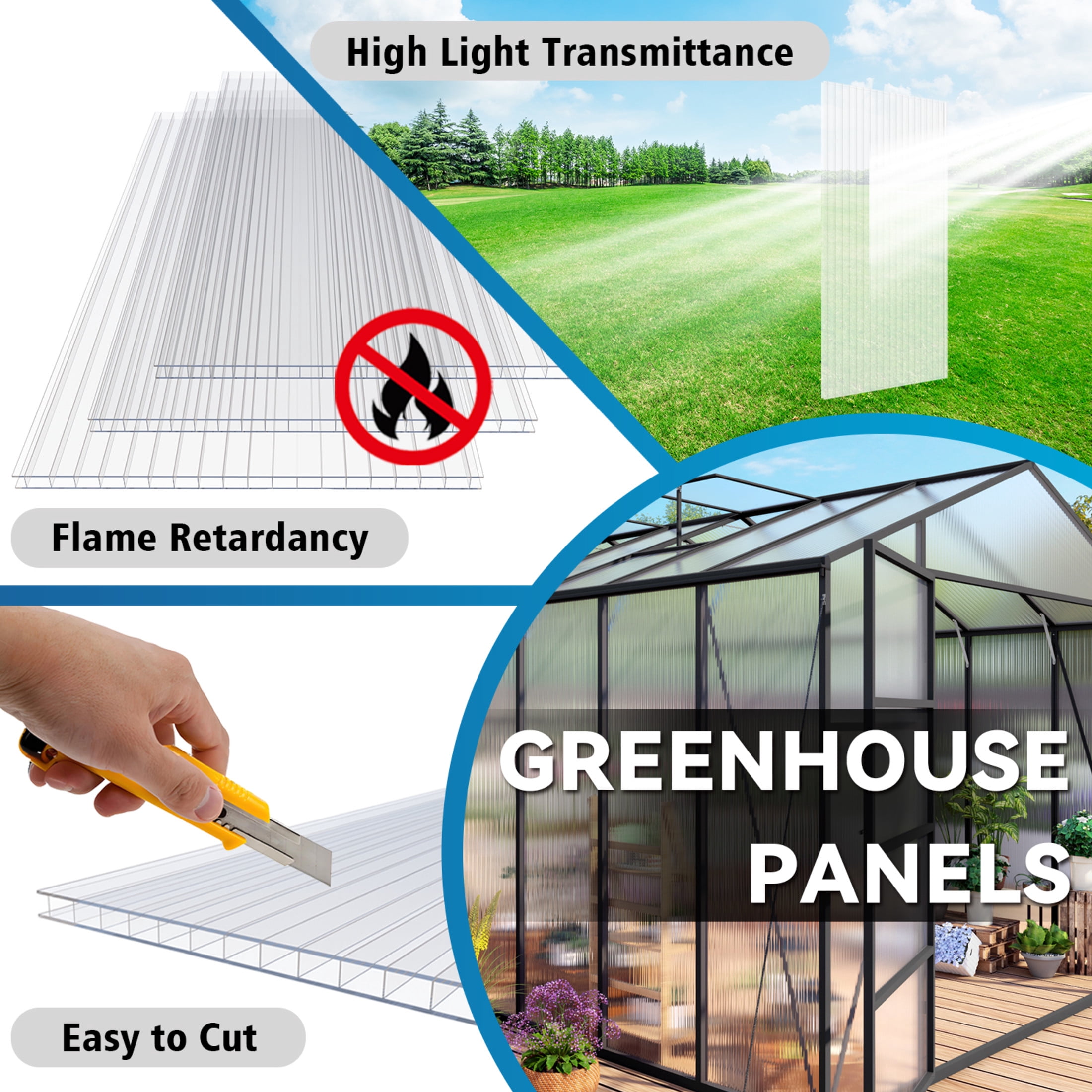 Noble House 6 Pack Twin-Wall Polycarbonate Greenhouse Panels, 5' x 2' UV-Protected Sheets, Transparent
