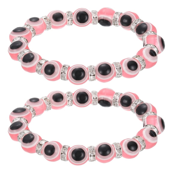 10mm Turkish Evil Eye Bracelets, 2 Pcs Good Luck Protection Beaded Stretch Bracelets Charm for Women Men Stackable Blessing Jewelry (Pink)