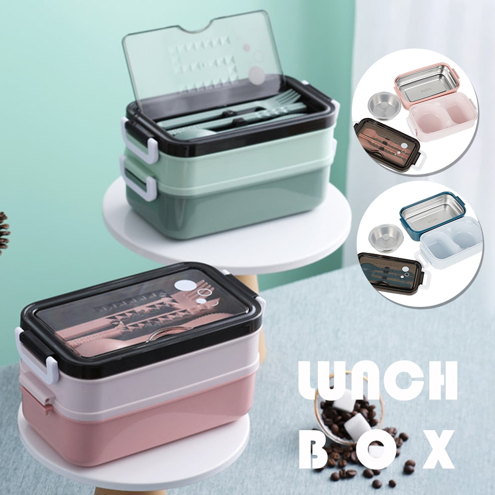 Two Layers Children Kids Portable Bento Lunch box With Spoon food-safe Plastic 
