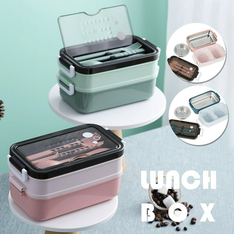 Lunch Box Bento Box 2-layer 3-compartment Leak Proof Food Container Set  With Fork Spoon Chopsticks For Kids Adults Pink-stainless Steel