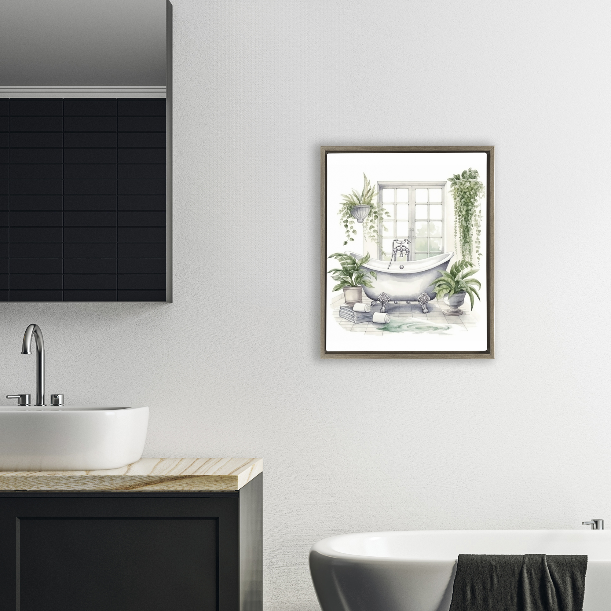 Lush Greenery Bathtub & Window Brown Framed Floater Canvas Wall Art, design by Lettered and Lined