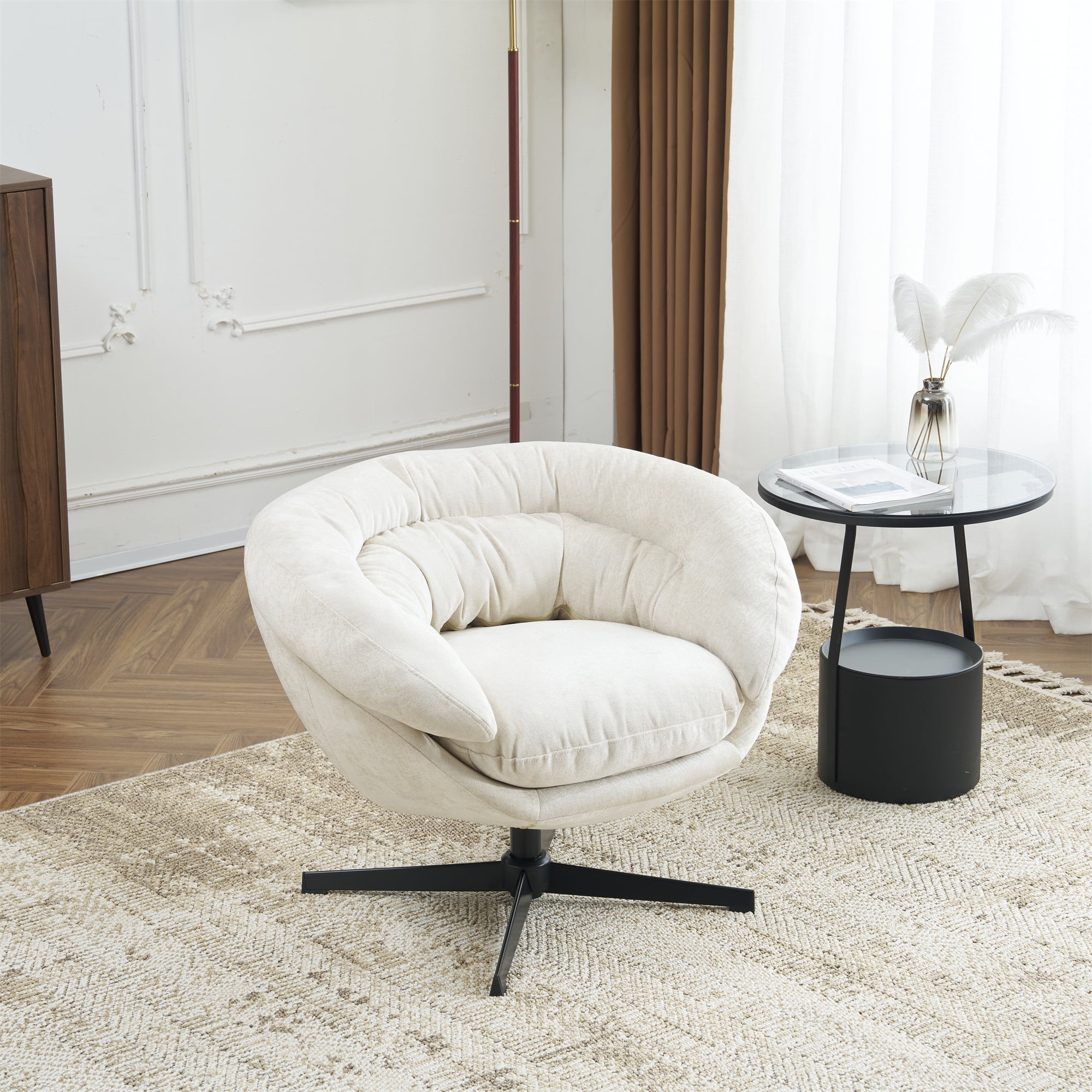 EUROCO 33" Ergonomic Chenille Swivel Chair,Cotton Accent Chair with Soft Thick Removable Cushion and Metal Base,360 Degree Swivel for Living, Bedroom, Reading Room,Beige