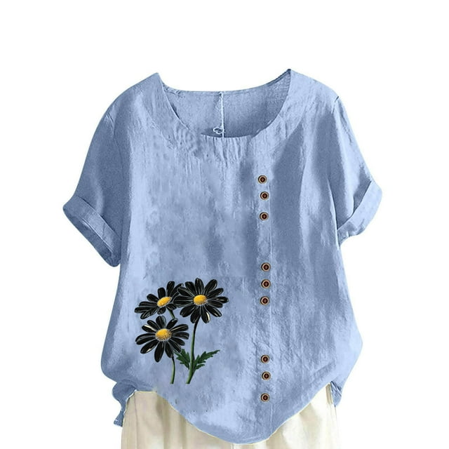 Vestidos Casuales Para Mujer, Blusas De Mujer De Moda Blusa informal de lino con botones y manga corta estampada para mujer