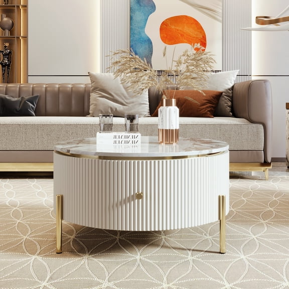 Williamspace Round Coffee Table with Storage, 31.5" Modern Coffee Table Accent Table with Marble Pattern 2 Large Drawers Storage for Living Room, White
