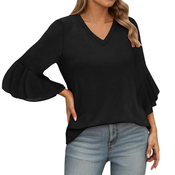 Ediodpoh Women's V Neck Flutter Sleeve T Shirt Casual Comfortable Blouse for Daily Vacation Wear with Jeans Spring Summer Fall T Shirts for Women Black S