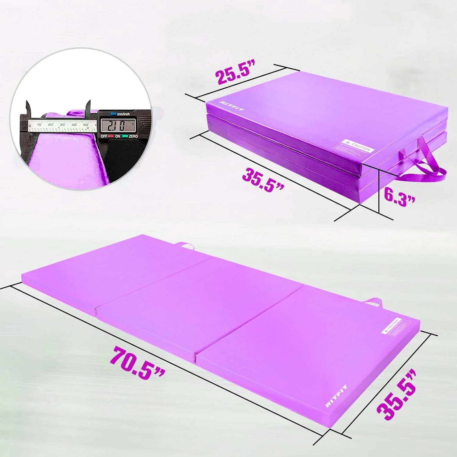 RitFit 3' x 6' Folding Gymnastics Mat with Carrying Handles for Yoga, Stretching, Core Workouts(Purple)