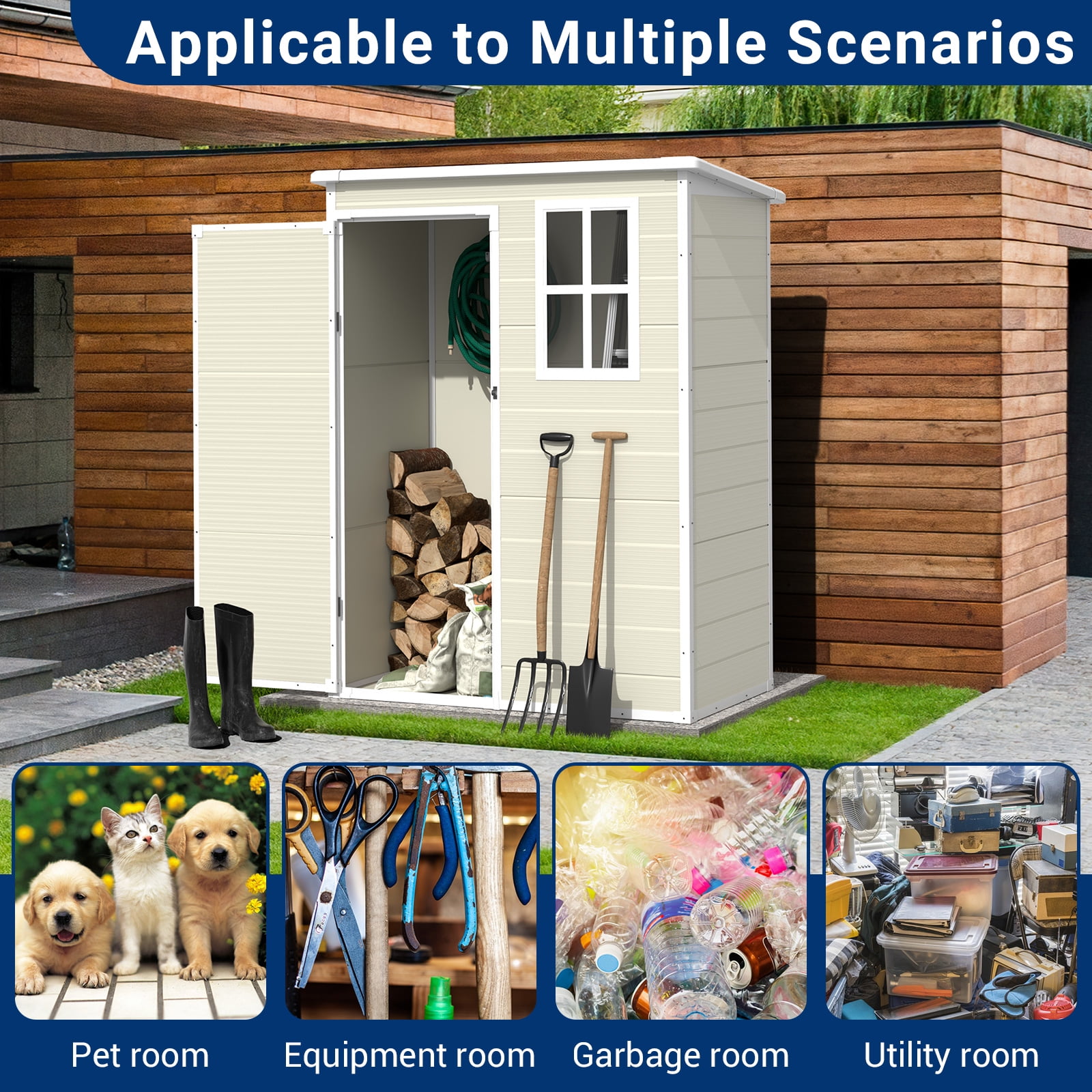 ELPOSUN Outdoor Storage Shed 5x3 FT, Resin Garden Shed for Bike, Garbage Can, Tool, Plastic Outside Sheds & Outdoor Storage Storage Box with Lockable Door for Backyard, Patio, Lawn, Sandstone