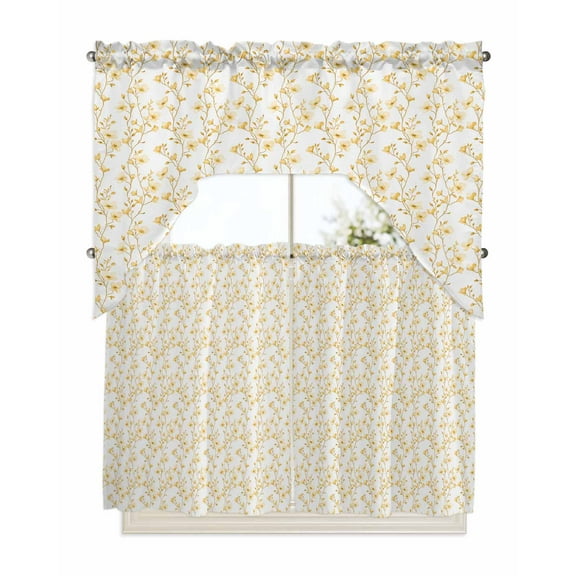 Yellow Floral Kitchen Curtains Swag Valance and Tier Curtains Set 36 Inch Length, Pastoral Tree Branches Botanical Plant Rod Pocket Drape Panels Pair Swag Curtains for Bathroom/Cafe/Window