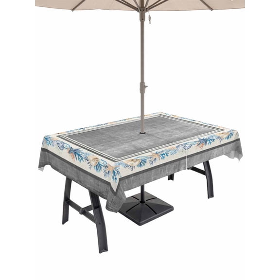 Outdoor Tablecloth with Umbrella Hole & Zipper, Grey Coastal Rectangle Tablecloth 60x84 Inch, Vintage Summer Beach Coral Shell Starfish Patio Table Cover Waterproof Table Cloth for Picnic/Party