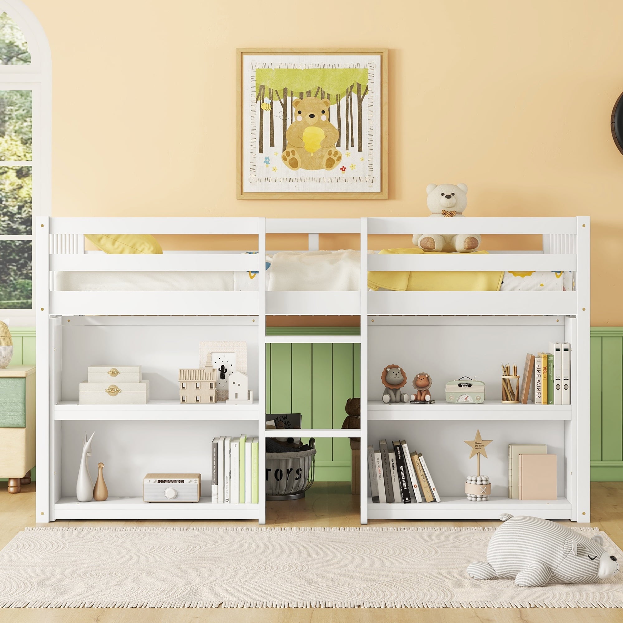 Twin Size Low Loft Bed with Two-Tier Shelves, Wooden House Loft Bed with Storage for Books & Toys, Space Saving for All Ages, Multi-Functional, White