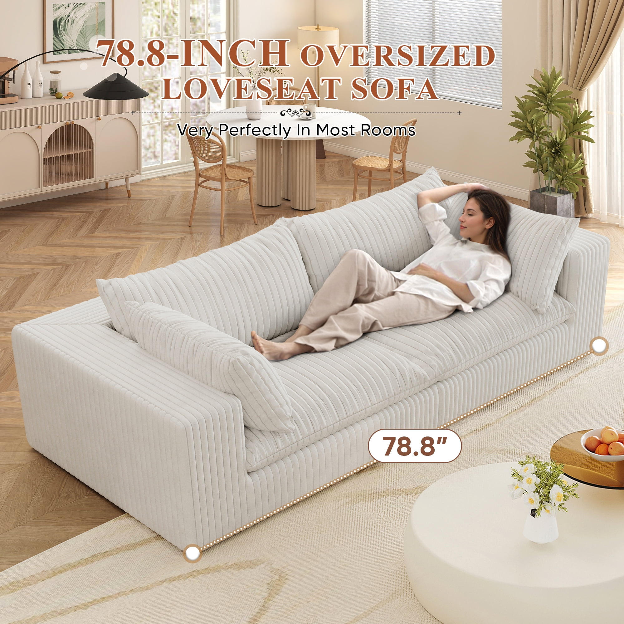 Muumblus 78" Oversized Boneless Loveseat Sofa, No Assembly Deep Seat Plush Corduroy Cloud Couch, Sleeper Sofa for Living Room, White