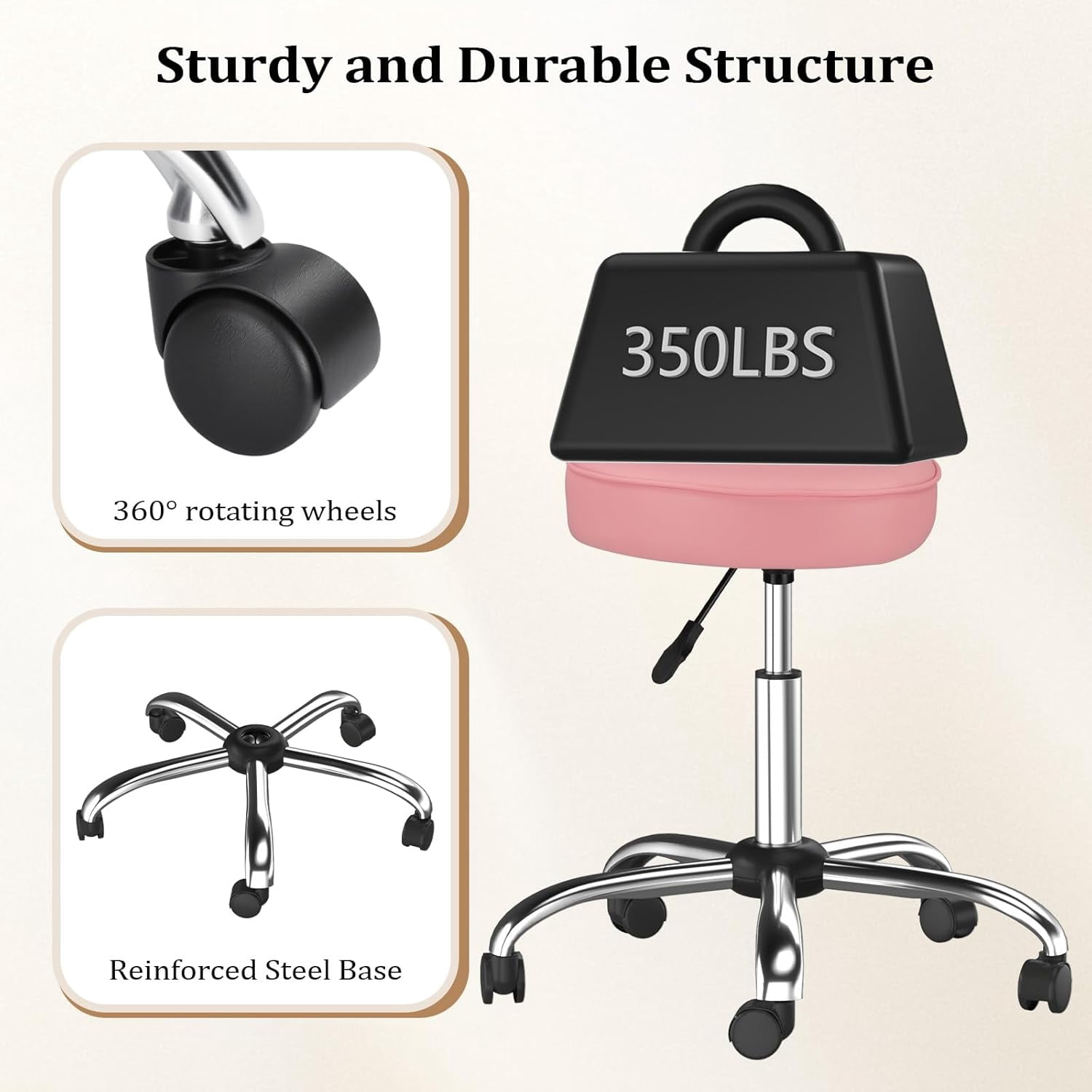 OmySalon Rolling Stool with Wheels, Hydraulic Massage Chair, Heart-Shaped Adjustable Salon Stool, Swivel Stools for Hair Stylist, Vanity SPA, Bar, Barber, Home Office, Tattoo, Hot Pink