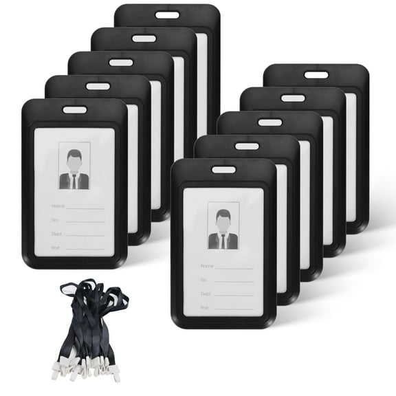 LELE LIFE 10Pcs Sliding ID Badge Holder with Lanyard, Hard Case Vertical ID Card Holder with Clear Window Work Badge Protector Sleeve Cover for Office Key Card Name Tag, Black