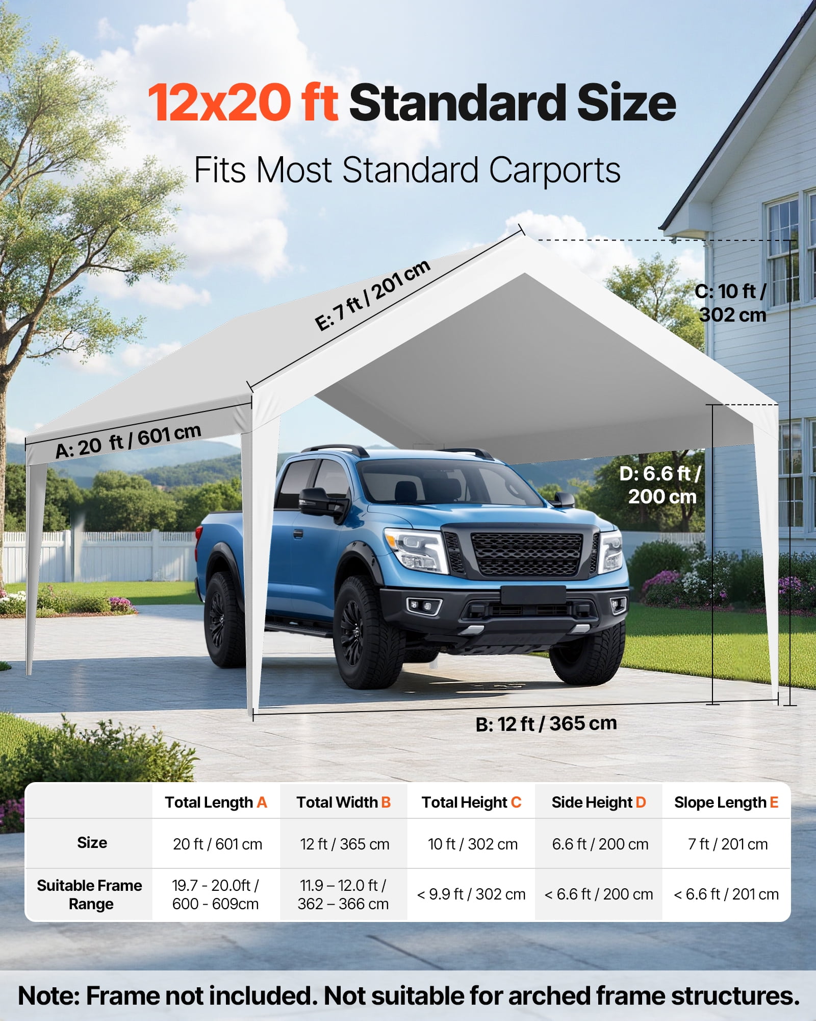 VEVOR Carport Replacement Canopy, 12 x 20 ft Potable Garage Tent Top Tarp, UV-Resistant & Waterproof Car Shelter Tarp, Heavy Duty Car Port Cover with Ball Buggees, White, Frame Not Included