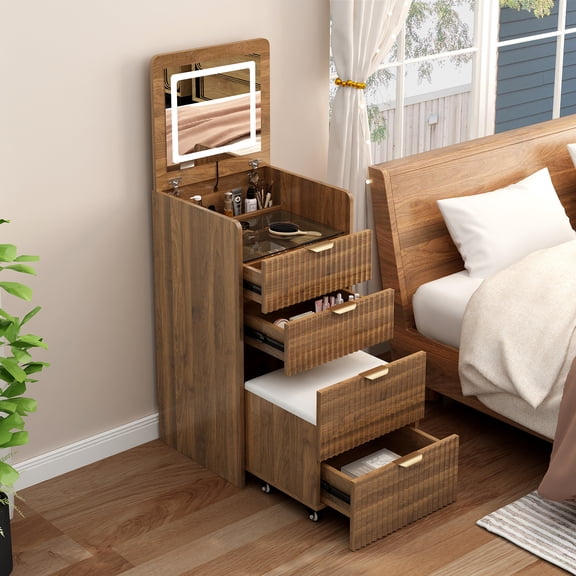 3 in 1 Vanity Desk with Flip Top Lighted Mirror & 3 Drawers, Makeup Dressing Table with Charging Station and Rolling Cushioned Stool for Bedroom Small Space