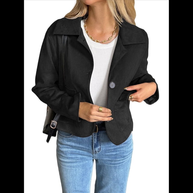 Chaqueta Blazer Informal para Mujer, de Piel Sintética de Ante con Solapa con Muescas y Botonadura Sencilla. Negro XL