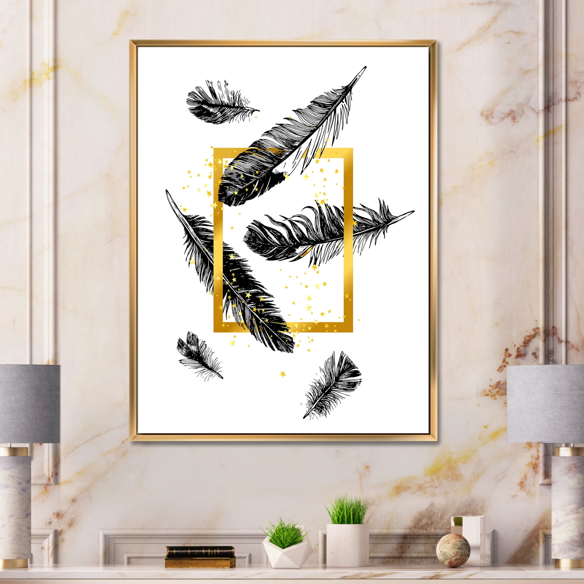 Feathers and Golden Frame 12 in x 20 in Framed Painting Canvas Art Print, by Designart