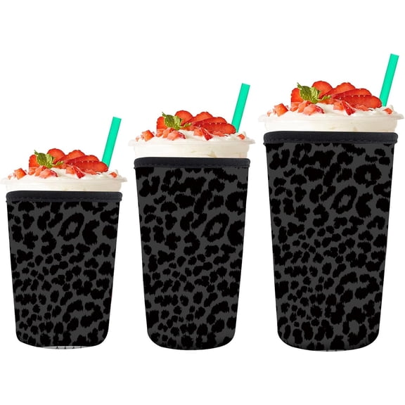 3 Pack Neoprene Insulator Sleeve for Iced Coffee Cups, Cute Funny Coffee Cup Sleeve, Fit 16-32oz Cups for Hot Cold Beverages Cute Black Leopard