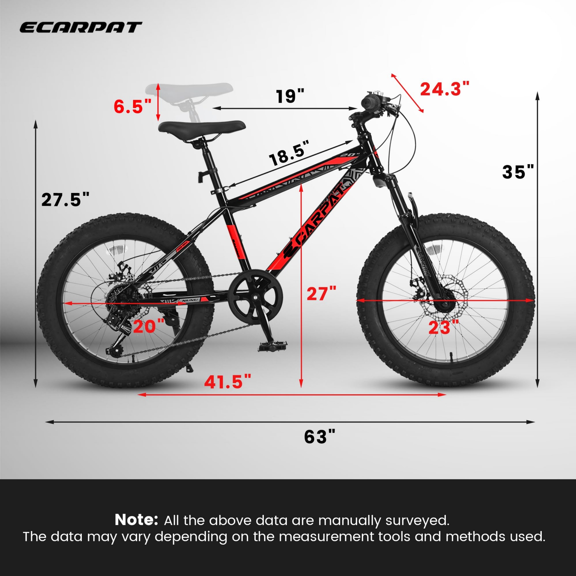 QEEKA 20 Inch Mountain Bike for Kids and Teenagers, High Carbon Steel Frame, Disc Brakes, Durable Wide Tires, Front Suspension, 7-Speed, Ideal for Snow and Off-Road Riding,Black+Red