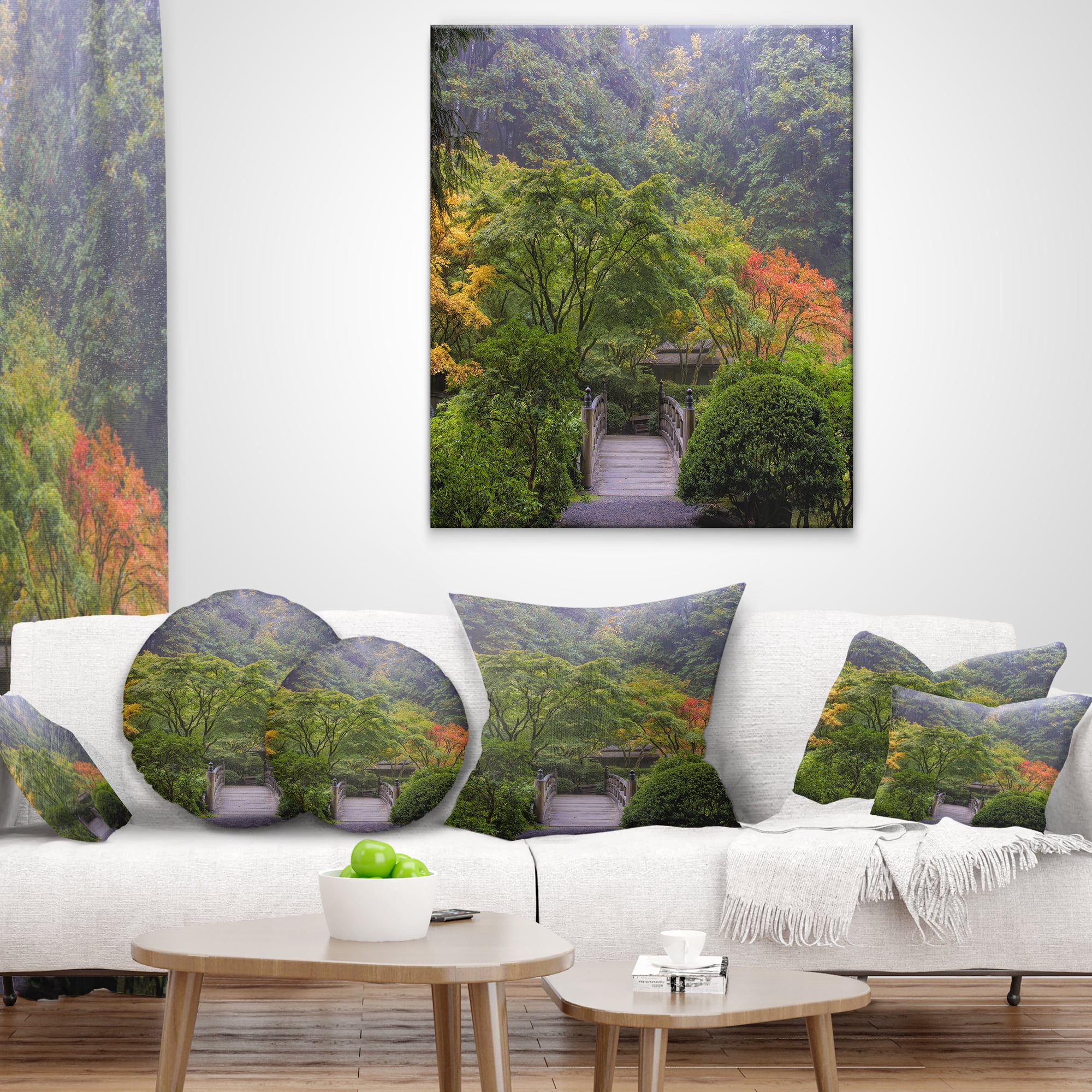 Designart Foggy Dawn in Japanese Garden - Landscape Photography Throw Pillow - 12x20