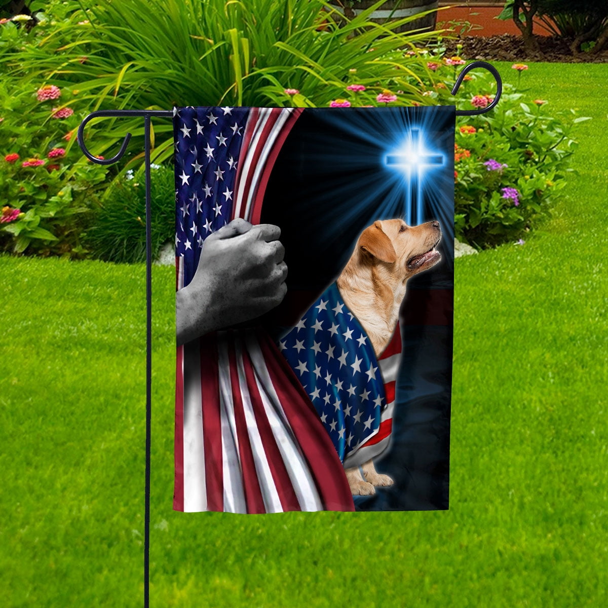 Hand Pulling USA Flag Labrado Dog Wearing Flag American Standing under Cross Christian Patriotic House Flag (3x5) Double Sided- Premium Polyester-Decorative Indoor Outdoor Flag